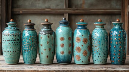 Collection of seven hand-crafted ceramic jars with lids, teal and brown glazed, featuring unique patterns on each jar.