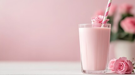 This delightful image features a glass of pink milk adorned with a tiny rose and a striped straw, set against a soft pink background with additional roses.