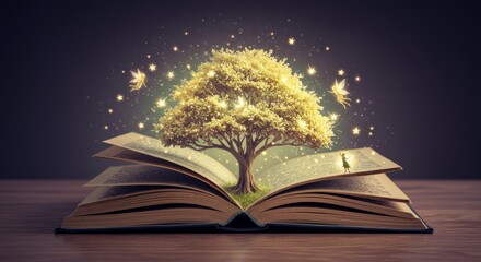 The Magical Tree of Stories - A glowing tree springs from an open book, surrounded by magical sparkles and tiny fairies. A mystical scene depicting imagination and wonder