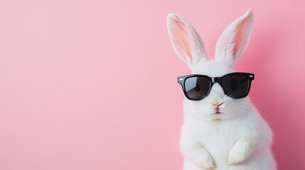 Fototapeta premium Adorable White Bunny Rabbit Wearing Stylish Sunglasses Pink Background Easter Spring Cute Animal Pet Fashion Cool Trendy Happy Cheerful Joyful Playful
