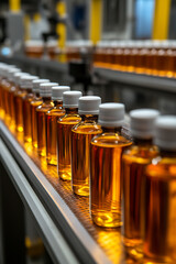 Bottles filled with amber liquid move along a conveyor belt, highlighting quality control in modern manufacturing.