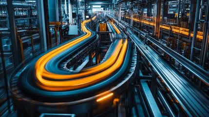 Dynamic conveyor system in an industrial setting, showcasing modern manufacturing process.