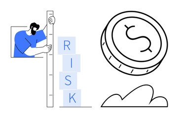 Person assessing risk blocks with a measuring stick, large coin symbolizing money, cloud suggesting uncertainty. Ideal for finance, investment, decision-making, business strategy, risk management