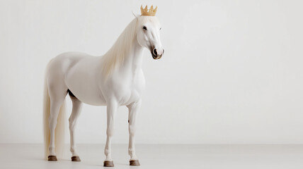A white horse with a crown on its head stands in front of a white background. Concept of royalty and elegance, as the horse is adorned with a crown and he is a majestic and regal creature