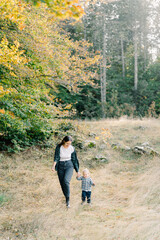Obraz premium Mom with a little girl holding hands walking on the lawn in the autumn forest
