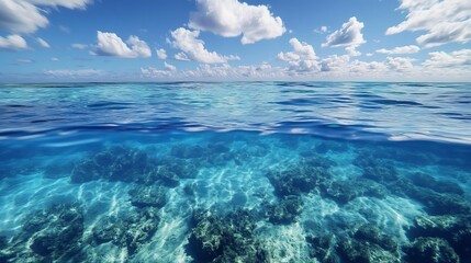 Stunning Ocean Scene Underwater View Tropical Blue Water Seascape Summer Sunny Day Idyllic Paradise Beach Vacation Relaxation Calm Sea Horizon        