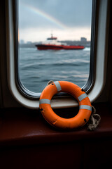 Life Preserver with Boat View: A vibrant orange life preserver sits by a window, framing a view of a red boat sailing under a rainbow-touched sky.