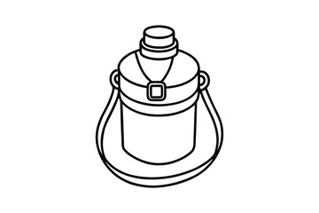 Line art drawing of a canteen with a screw-on lid and a strap.eps