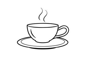 Line art drawing of a hot tea cup with a saucer underneath.eps