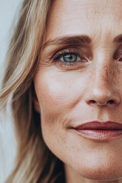 A 50-year-old woman with a happy smile is shown in a close-up portrait isolated on a white background, advertising facial skin care products that combat wrinkles and tighten the skin for women in