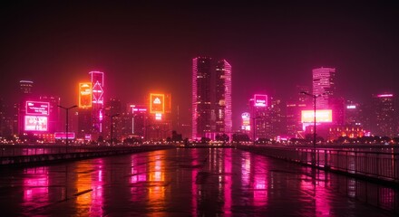 Obraz premium Pink and Orange City Nightscape - Vibrant city skyline at night, reflecting neon lights on wet pavement. Symbolizing modern energy, urban dynamism, technological advancement, nightlife vibrancy