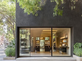 The front view of a generic store facade is depicted in black with an outdoor mockup and store template featuring windows display and blank posters