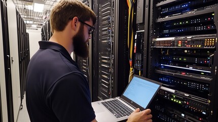 Man with laptop inspecting server racks in a data center for maintenance and troubleshooting issues
