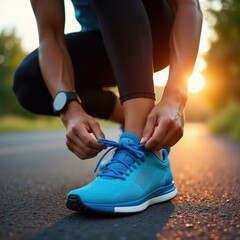 Athletic woman lacing sneakers before morning run
