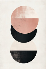 An elegant and minimalistic poster with three large shapes in different shades of beige black white and pink The shapes should be symmetrical and arranged to create