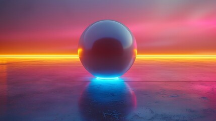 Glowing Sphere on Concrete Floor with Vibrant Sunrise Sky Backdrop
