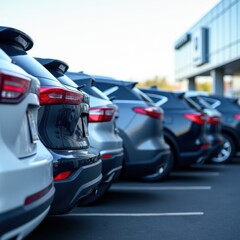 Fototapeta premium New vehicles aligned outside glass showroom