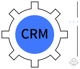 Blue gear with CRM acronym in center symbolizing organization, efficiency. Ideal for business, workflow, software, collaboration, data, technology, flat simple metaphor