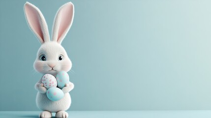 Obraz premium Adorable Easter Bunny Holding Pastel Eggs Cute Spring Holiday 3D Render Illustration Happy Festive Bunny Rabbit Soft Fur White Bunny Celebration 
