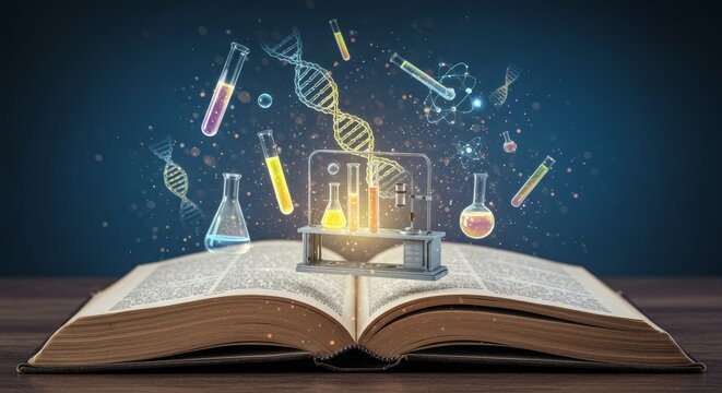 Scientific Discovery: Book of Knowledge - Open book with glowing science elements, DNA, test tubes, and beakers, symbolizing knowledge and discovery