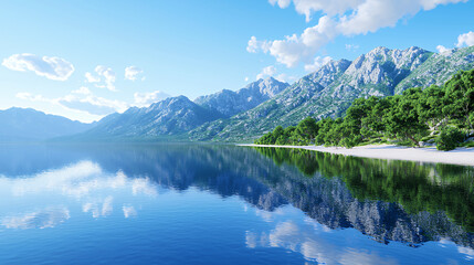 serene landscape featuring calm lake reflecting majestic mountains and clear blue sky, creating peaceful atmosphere