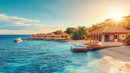 Obraz premium Luxurious beach resort with overwater bungalows and clear blue ocean at sunset, showcasing tropical paradise aesthetic and tranquil atmosphere