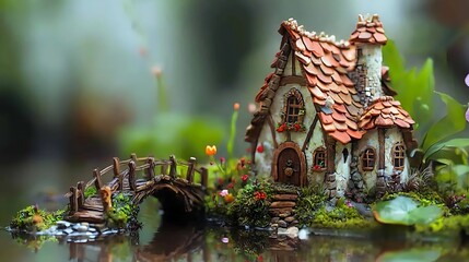 Fototapeta premium Miniature fairy house nestled on an island, detailed with a bridge over a serene water feature