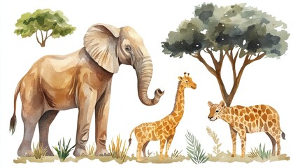 African animals and natural elements in watercolor, 