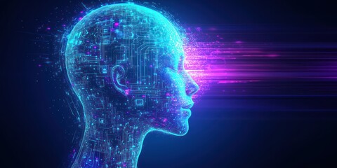 A glowing digital face profile in cyan and purple hues, with circuit patterns, placed against a dark blue background