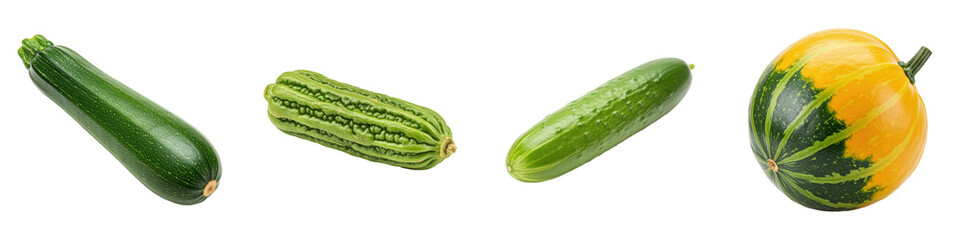 Zucchini, bitter melon, cucumber, and decorative squash.