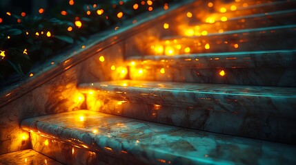 Glowing Lights on Stone Staircase at Night