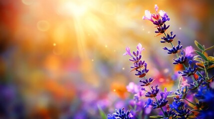 Naklejka premium Sunny Lavender Field, Blooming Flowers, Summer, Background Blur