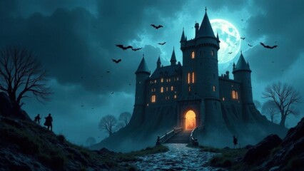 Gothic castle at night with full moon and bats in mystical landscape