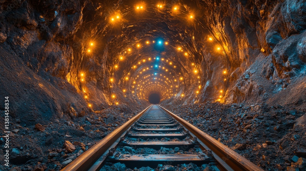 Poster illuminated mine tunnel features a series of bright lights highlighting the rocky walls. railway tra