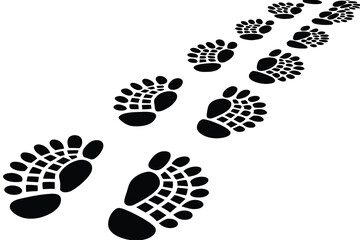 Black shoes prints footpath. Sneakers silhouettes path. Steps or footprints of walking person. Human steps traces. Vector illustration isolated on white background.