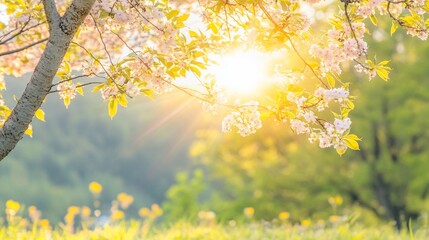 Spring sunrise, cherry blossoms, park, sun rays