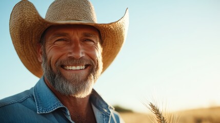 Fototapeta premium A cheerful cowboy in a straw hat smiles broadly as he holds a stalk of wheat against a backdrop of wheat fields, symbolizing tradition and the agricultural lifestyle.