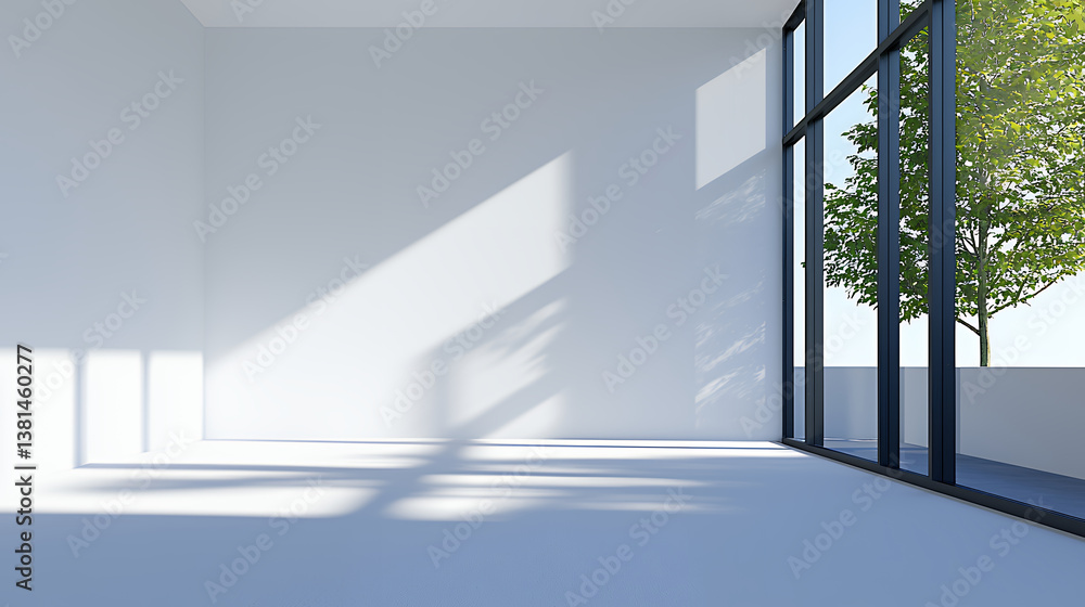 Poster bright, minimalistic interior space with large windows allowing natural light to flood in, creating 