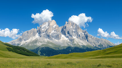Fototapeta premium Majestic mountain range with towering peaks and lush green meadows under clear blue sky, creating serene and breathtaking landscape