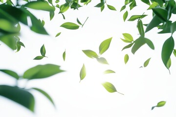 Lush green leaves floating gently against a bright background, creating a serene atmosphere