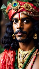 Lord Krishna symbolizes love, compassion, and wisdom, resplendent in colorful textiles and jewelry, radiating divine energy during a sacred celebration Generative AI