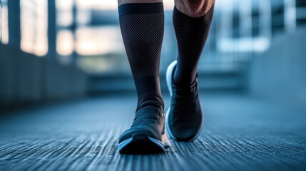 A person jogging forward wearing athletic shoes and compression socks