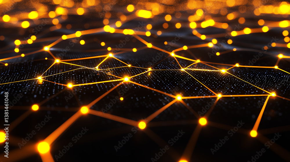 Poster vibrant network of glowing orange nodes interconnected by lines, creating digital landscape that sym