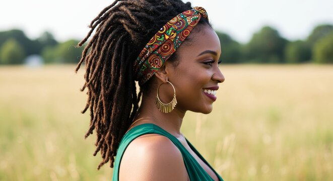 Serene Black Woman with Dreadlocks and Headband - A Black woman with dreadlocks and a patterned headband smiles serenely, symbolizing joy, natural beauty, confidence, self-expression
