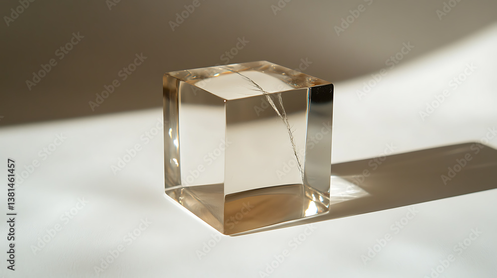 Poster lucite cube with imperfection: a clear cube resting on a white surface, showcasing a visible interna
