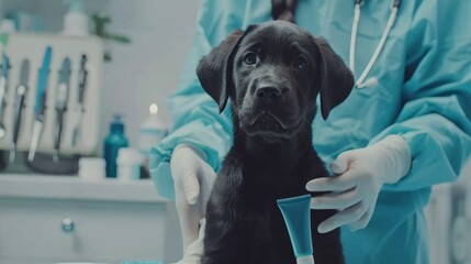 Adorable black puppy at veterinarian clinic for checkup and health care
