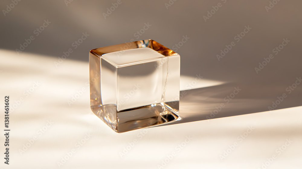Aufkleber a crystal clear cube rests on a soft, light-colored surface, casting a defined shadow, with warm ton