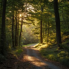 Obraz premium Sunlit Forest Path Winding Road Tranquil Nature Scene Golden Hour Peaceful Serene Sunlight Trees Woods Pathway Lush Greenery Summer Morning Sunlight 
