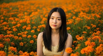 Naklejka premium Woman Amidst Marigolds - A young woman with long black hair sits serenely in a field of vibrant orange marigolds. Golden hour lighting