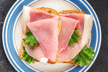 Sandwich ham tasty snack fresh fast food gourmet food background on table rustic food top view copy space